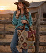 Load image into Gallery viewer, Burgundy, Tan, and Turquoise Aztec Tote with Leather Handles
