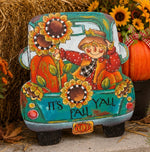 Load image into Gallery viewer, It’s Fall Y’all Metal Stake in Turquoise Truck with Scarecrow and Sunflowers
