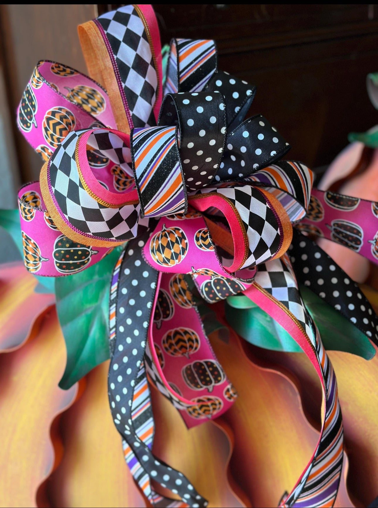 (4) Option Bows: Whimsical Custom Bows Harlequin Black, White, Bright Green, Pink Pumpkin, Stripe Ribbon, Purple, Orange