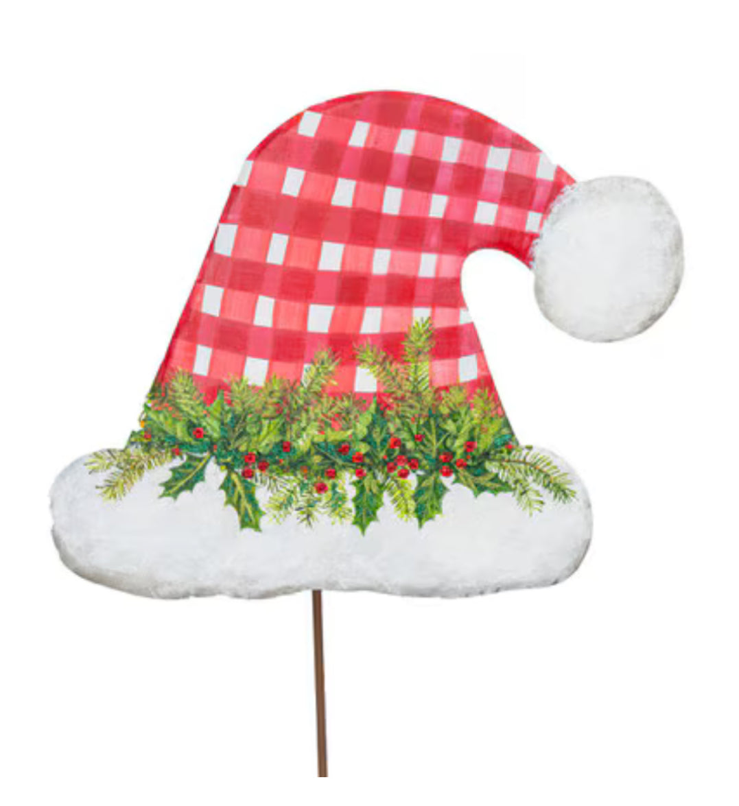 Gingham Santa Hat Metal Stake Outdoor or Indoor
