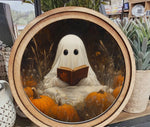 Load image into Gallery viewer, Halloween Wood Frame Ghost Picture in Pumpkin Patch 8” Dia
