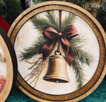 Load image into Gallery viewer, Round Christmas Gold Bell with Burgundy Ribbon Wooden Art
