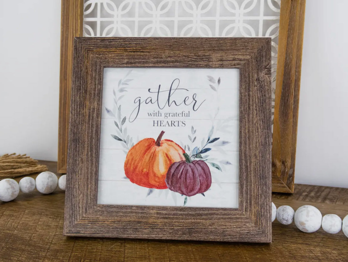 Gather with Grateful Hearts Fall Pumpkin Wood Framed Shimmering Picture
