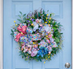 Load image into Gallery viewer, Spring Floral Wreath Pinks, Green, Soft Blues, Yellow

