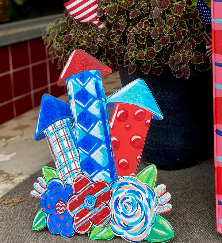 Americana: Whimsy Firecrackers and Flowers Metal Stake