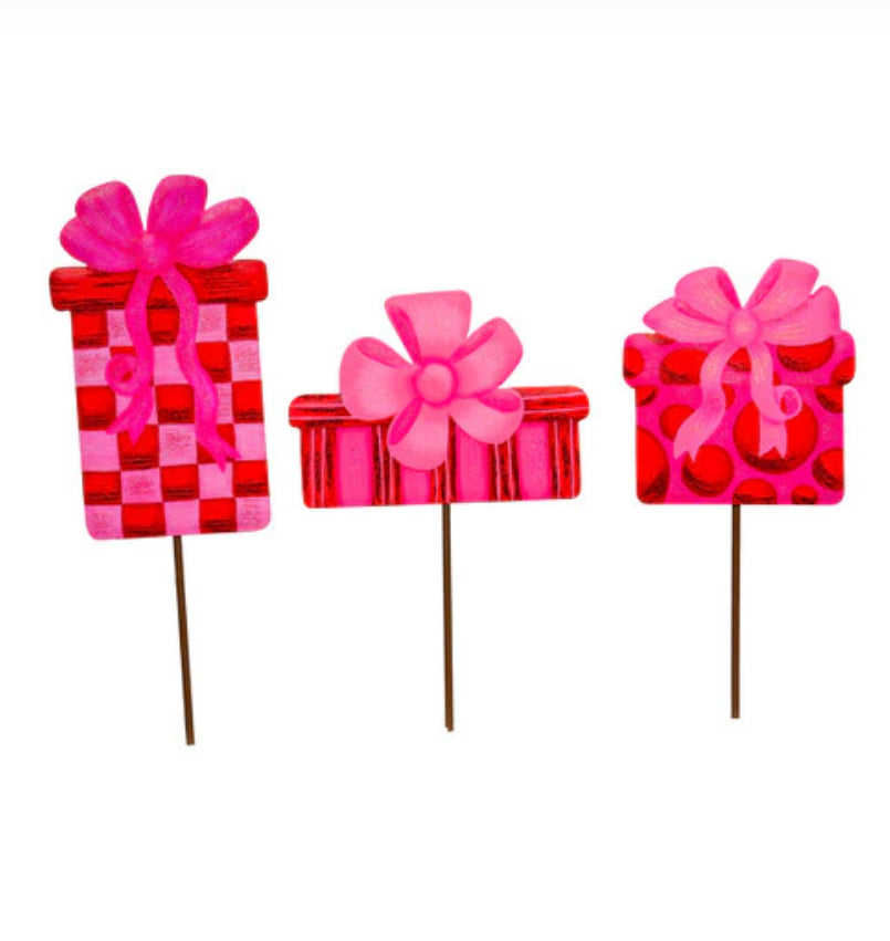Red & Pink Packages Metal Outdoor/Indoor Stake Christmas Set of 3
