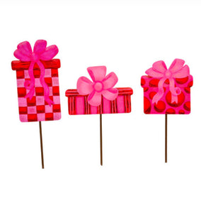 Red & Pink Packages Metal Outdoor/Indoor Stake Christmas Set of 3