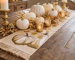 Load image into Gallery viewer, Fall Embroidered Gold Sequin and Tan Pumpkin Table Runner
