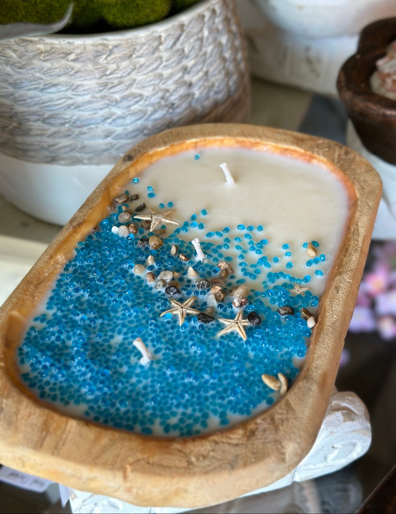 At the Beach  Blue Glass Soy Candle in Wood Dough Bowl