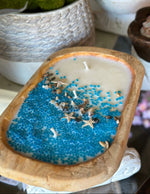 Load image into Gallery viewer, At the Beach  Blue Glass Soy Candle in Wood Dough Bowl
