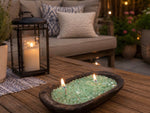 Load image into Gallery viewer, Fire Bowl Green Glass “ Citronella”Soy Candle in Brown Dough Bowl

