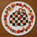 Load image into Gallery viewer, Pumpkin Round Bamboo Rug Black and White Checkered Pattern with Fall Leaves Border
