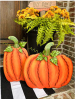 Load image into Gallery viewer, Large Cream or Orange Pumpkins Set of 2 Large Ribbon Pumpkins with Metal Stake and Easels
