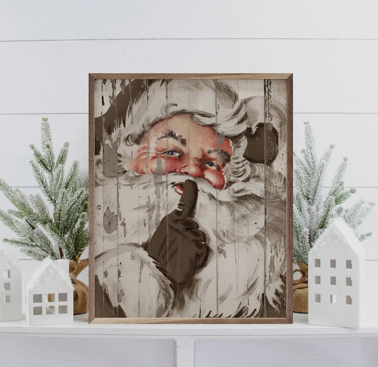 Santa Shh Wooden Art Neutral with Wood Frame Christmas Art