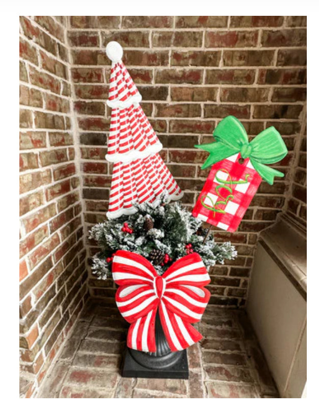 Christmas Red and White Stripe Bow Metal Stake