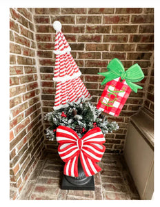 Christmas Red and White Stripe Bow Metal Stake