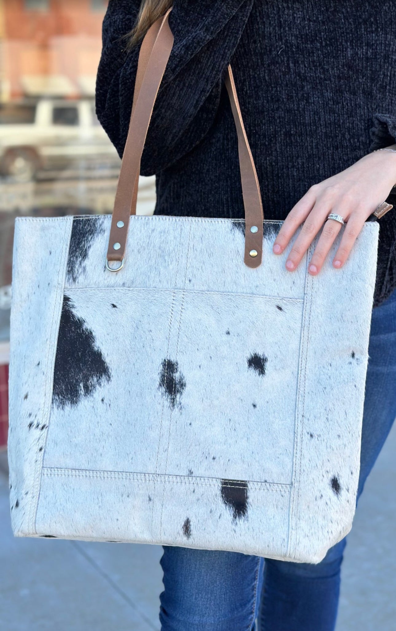 Cowhide and Leather Tote in Black and White