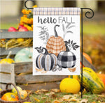 Load image into Gallery viewer, Hello Fall Pumpkins Outdoor Flag Small Black White, and Orange Plaid Border
