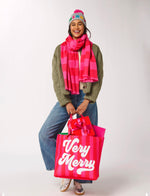 Load image into Gallery viewer, Pink Red Stripe Tote Very Merry
