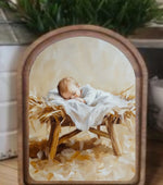 Load image into Gallery viewer, Baby Jesus in Manger with Arch or Round Wood Frame Christmas Decor
