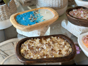 At the Beach  Blue Glass Soy Candle in Wood Dough Bowl