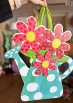 Load image into Gallery viewer, Polka Dot Watering Can with Flowers Door Décor Decorative Front Door Sign with Ribbon Hanger Studio M
