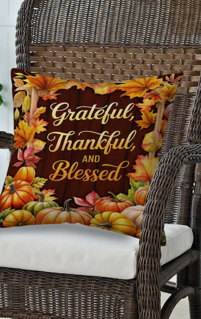 Fall Grateful, Thankful, and Blessed Buffalo Check Back Pillow with Pumpkins 17”x17”