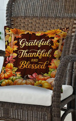 Load image into Gallery viewer, Fall Grateful, Thankful, and Blessed Buffalo Check Back Pillow with Pumpkins 17”x17”
