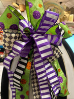 Load image into Gallery viewer, (4) Option Bows: Whimsical Custom Bows Harlequin Black, White, Bright Green, Pink Pumpkin, Stripe Ribbon, Purple, Orange
