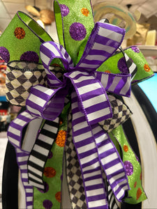 (4) Option Bows: Whimsical Custom Bows Harlequin Black, White, Bright Green, Pink Pumpkin, Stripe Ribbon, Purple, Orange