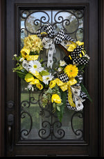 Load image into Gallery viewer, Yellow Bee Spring Door Wreath with Daisies, Hydrangea &amp; Designer Ribbon
