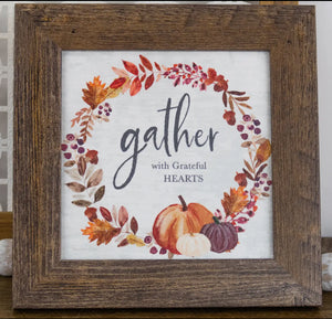 Gather with Grateful Hearts Fall Pumpkin Wood Framed Shimmering Picture