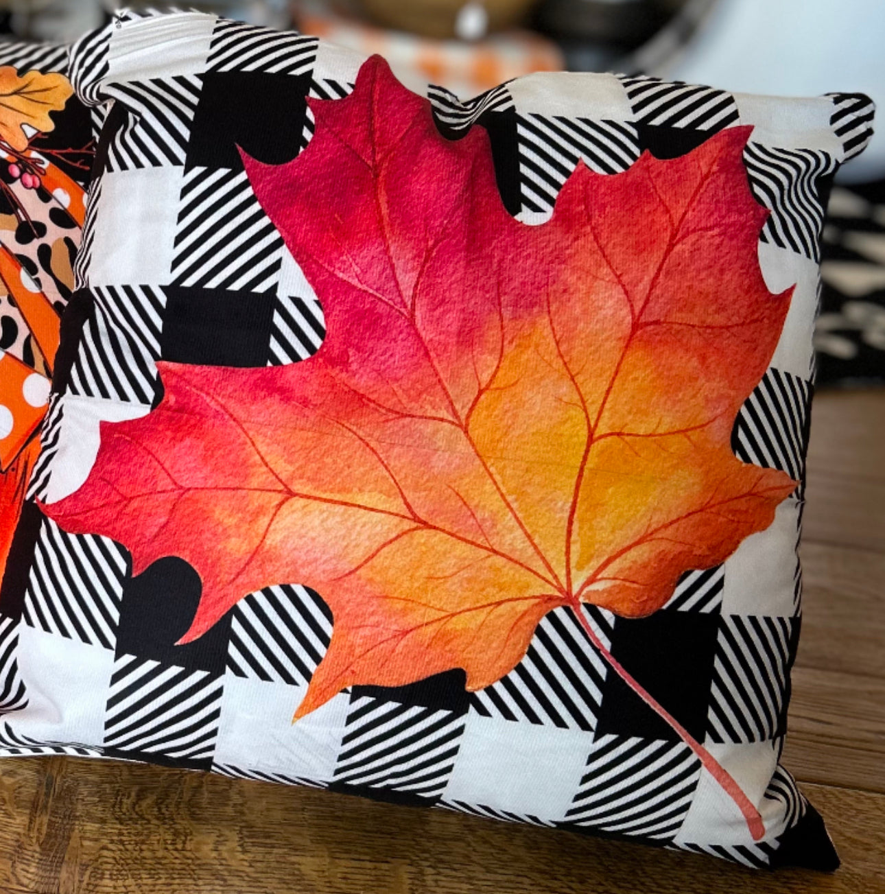 Orange Fall Leaf Buffalo Check Pillow