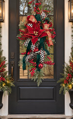 Load image into Gallery viewer, Checkered Black White, Emerald, and Red Poinsettia Swag with Bells
