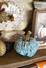 Load image into Gallery viewer, Blue Fabric Pumpkin With Twig Stem
