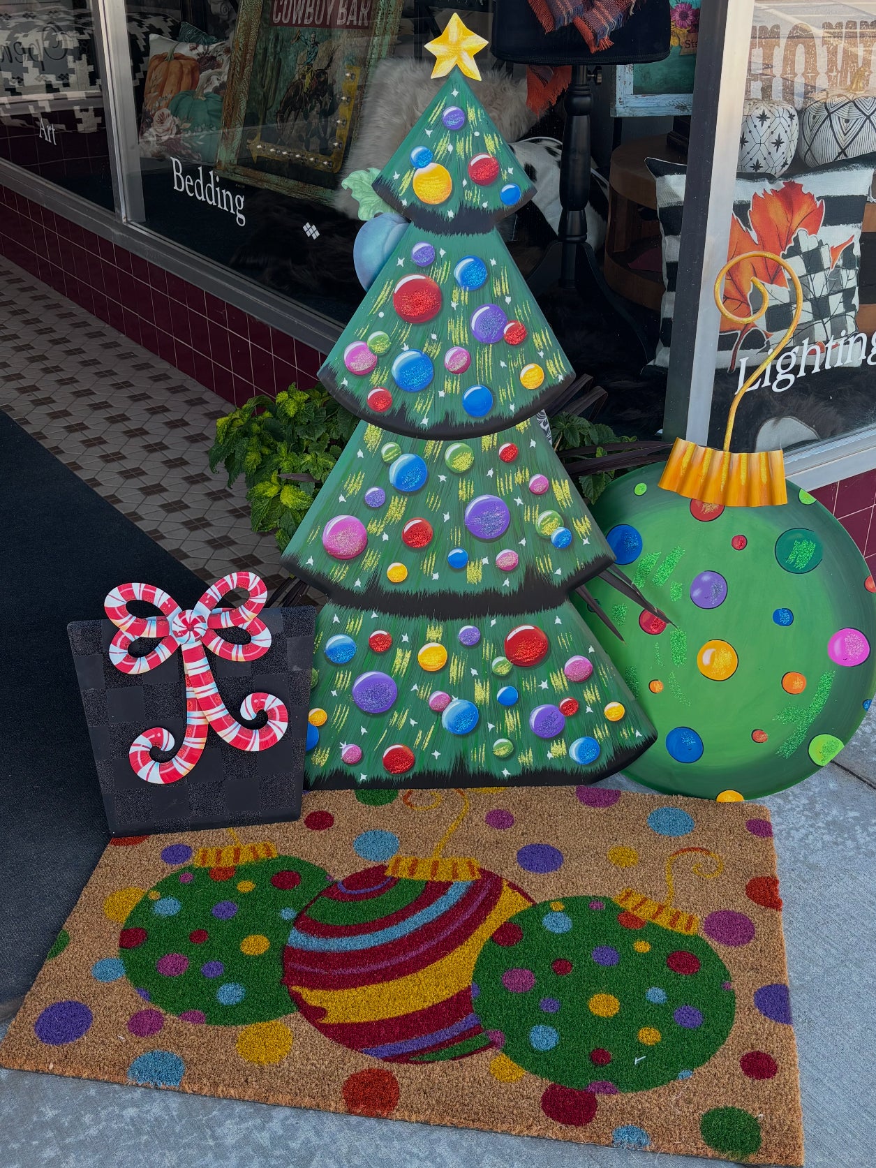 Christmas Ornaments Red, Green, Yellow Coir Door Rug