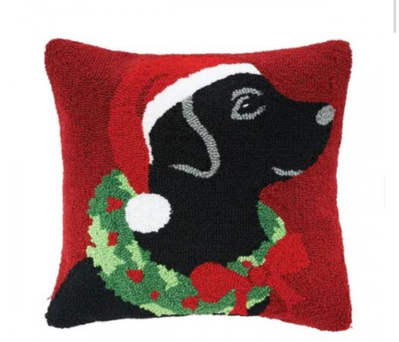 Christmas Black Lab Red Hooked Pillow