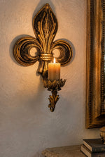 Load image into Gallery viewer, Antique Gold Fleur-de-Lis Wall Candle Sconce
