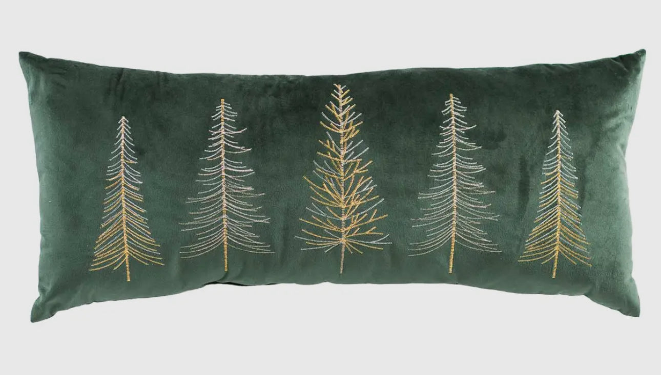 Emerald Green Velvet Pillow with Trees in Silver Gold