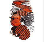 Load image into Gallery viewer, Halloween Orange &amp; Black Table Runner 36” Pumpkins, Bats, Spiders Black Cat Pattern
