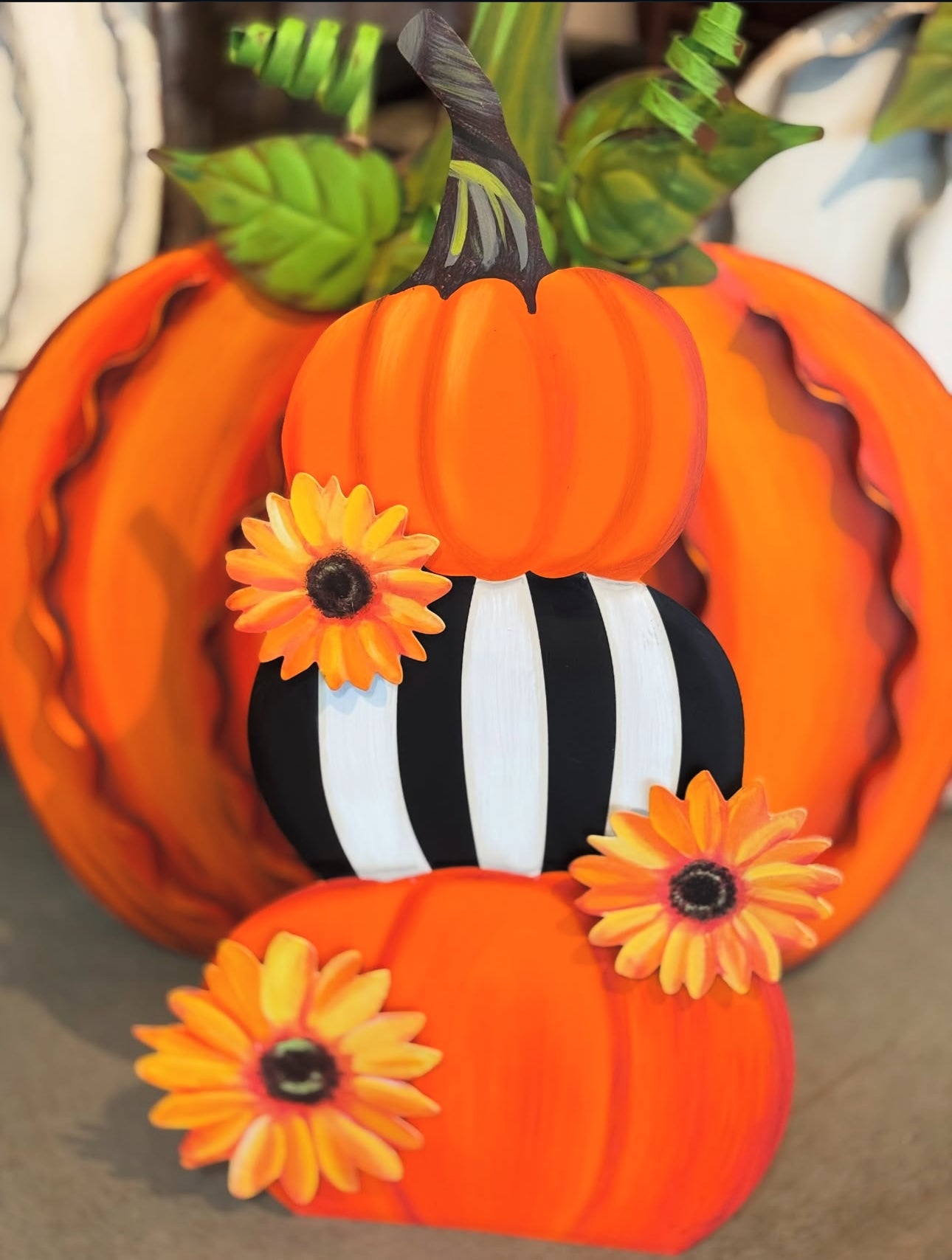 New! Pumpkin Topiary Stack Sunflower and Stripe Pattern Metal Stake with Easel