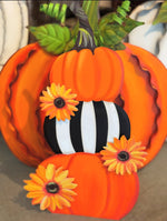 Load image into Gallery viewer, New! Pumpkin Topiary Stack Sunflower and Stripe Pattern Metal Stake with Easel
