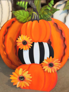 New! Pumpkin Topiary Stack Sunflower and Stripe Pattern Metal Stake with Easel