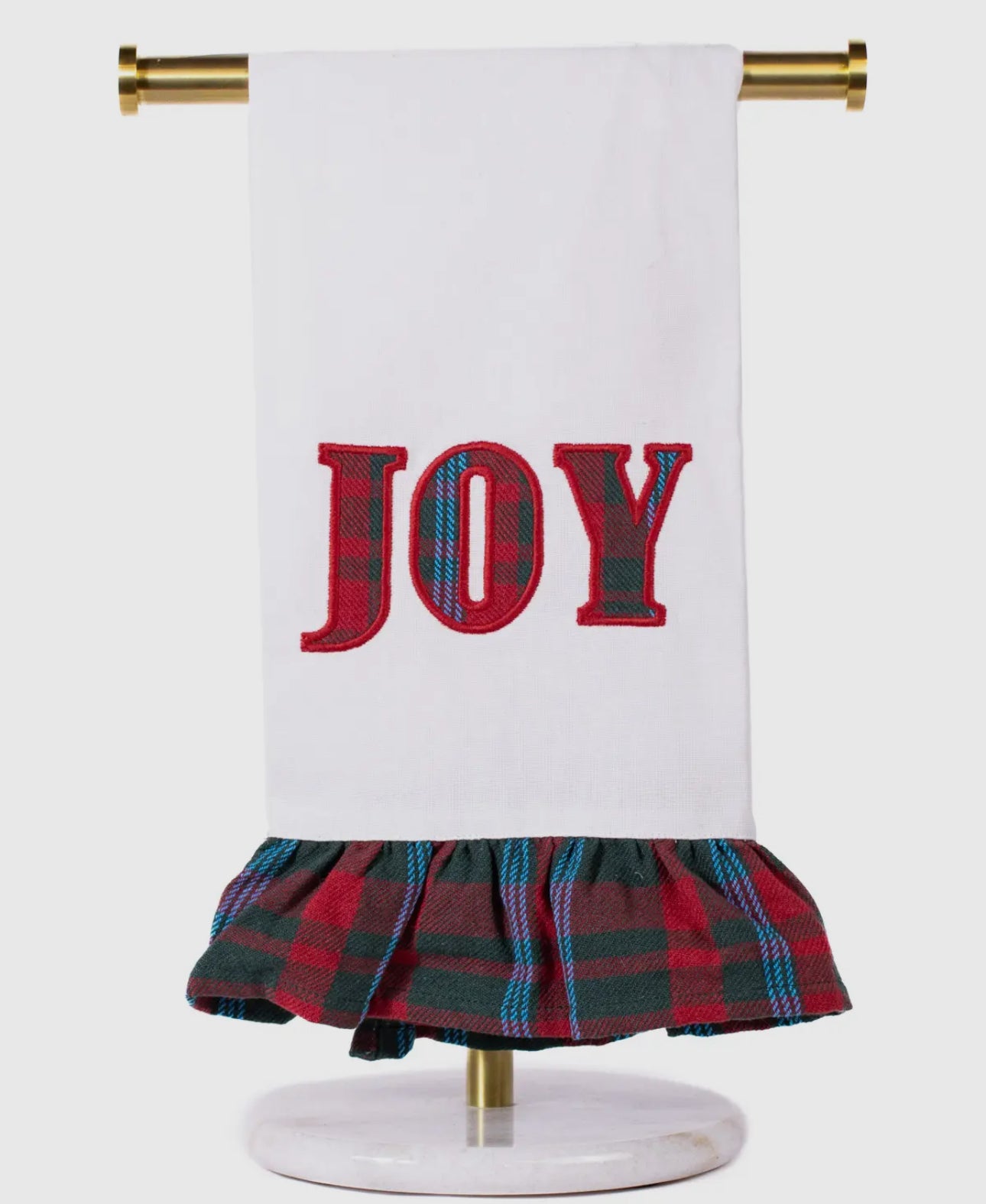 Christmas Joy Hand Towel White with Red, Blue, White Plaid Trim