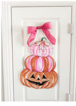 Load image into Gallery viewer, New! Fall Pink and Orange Whimsical Triple Pumpkin Stack Door Hanger
