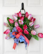 Load image into Gallery viewer, Pink &amp; White Tulips in Moss Basket Door Hanger or Wall Basket
