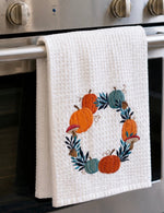 Load image into Gallery viewer, Fall Kitchen White, Teal, Blue, Orange Pumpkin Wreath Towel
