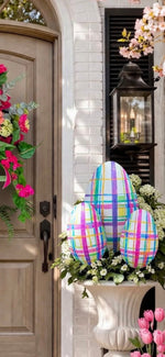 Load image into Gallery viewer, Plaid Metal Eggs Set of 3 Easter Outdoor Stakes in Pink, White and Blue
