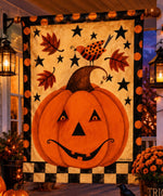 Load image into Gallery viewer, Large Jack O' Lantern Outdoor Flag with Check And Polka Dot Border
