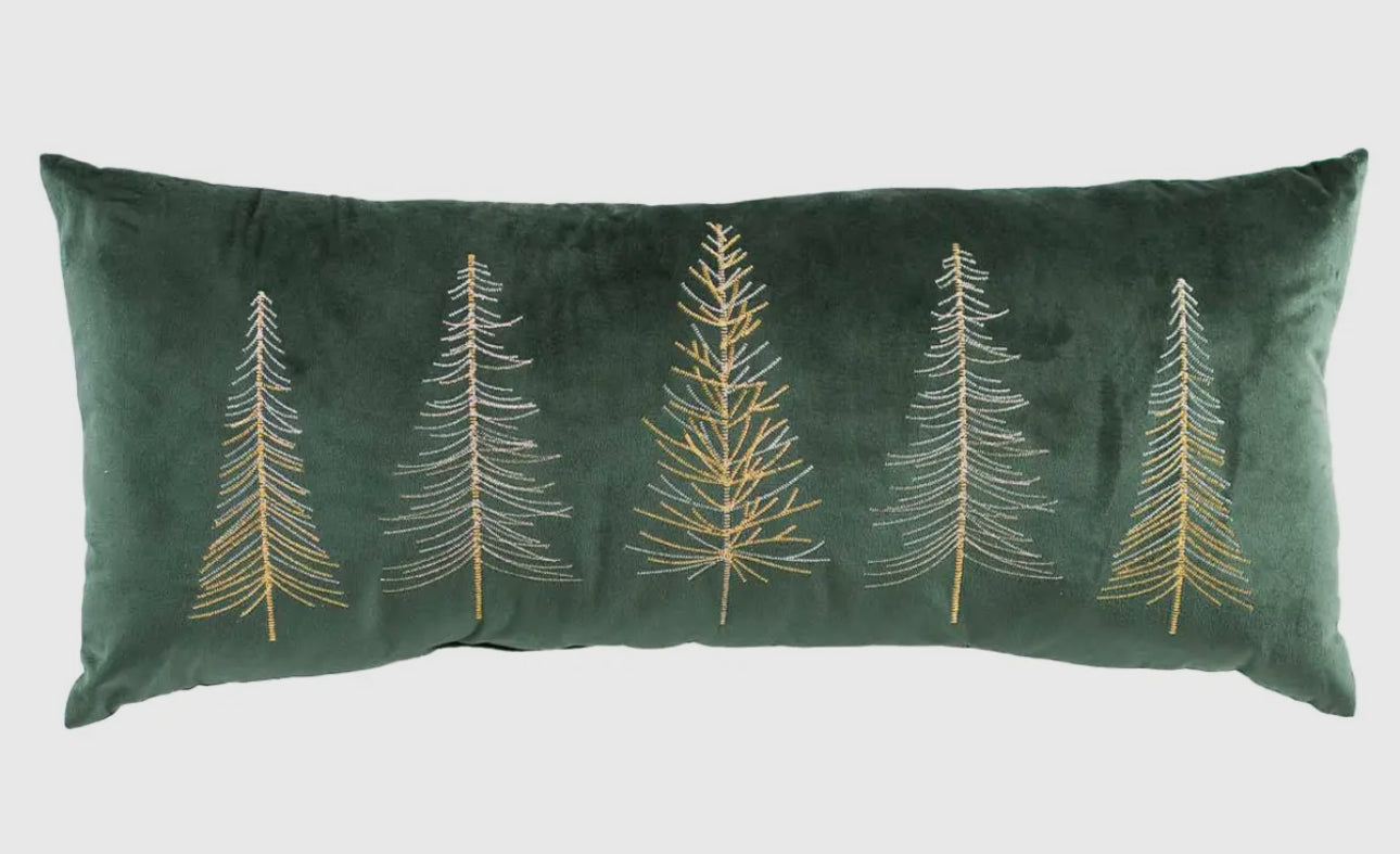 Emerald Green Velvet Pillow with Trees in Silver Gold